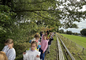 Uczniowie idą gęsiego wzdłuż zarośniętej ścieżki przy boisku. W tle drzewa i słońce przebijające przez liście.