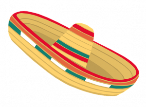 Ilustracja tradycyjnego meksykańskiego sombrero w odcieniach beżu z czerwonymi, zielonymi i białymi paskami ozdobnymi wokół ronda i stożkowego wierzchołka kapelusza.
