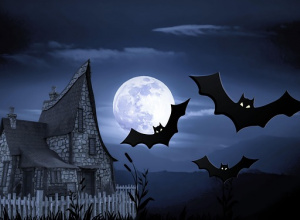 Rysunek starego domku w nocnym krajobrazie z pełnią księżyca i trzema lecącymi nietoperzami.