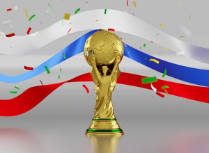 Złoty puchar na tle kolorowych wstęg i konfetti symbolizujący sportowe zwycięstwo.