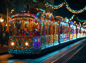 Lokmotywa przystrojona w świateczne bożonoarodzeniowe lampki