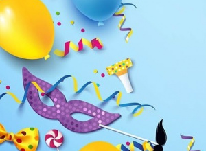 Elemnty zabawy karnawałowej: maski, balony, serpentyny.